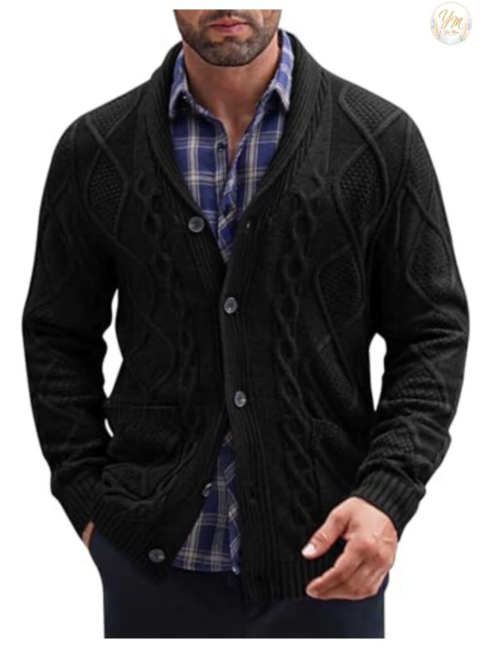 Shawl Collar Button Down Cable Knit Cardigan Sweater Slim Fit with Pockets